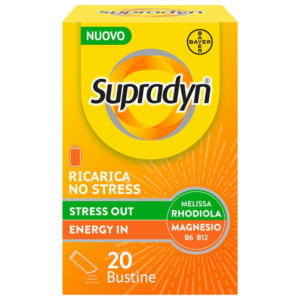 Scatola gialla Supradyn. Testo: Ricarica No Stress, 20 bustine. Contiene magnesio, B6, B12. Bayer.