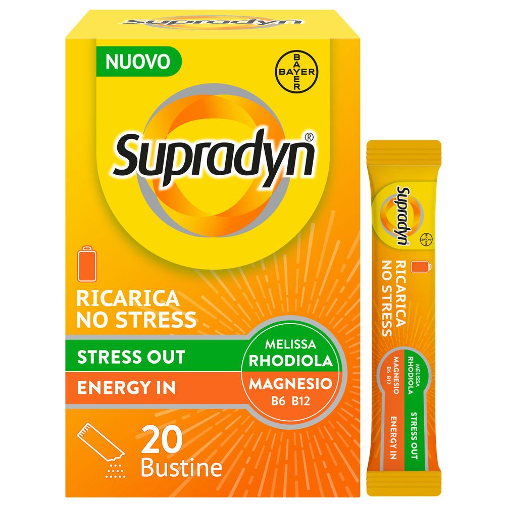 Scatola e bustina gialle Supradyn. Testo: Ricarica No Stress, 20 bustine. Contiene magnesio, B6, B12.