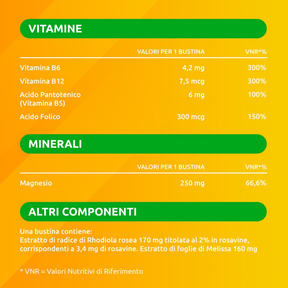 Tabella con vitamine, minerali e altri ingredienti. Valori per bustina.