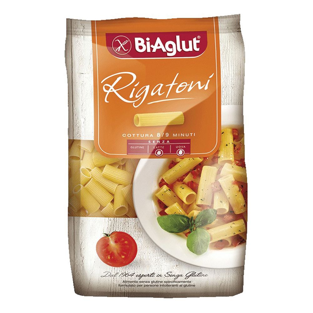Biaglut Rigatoni: Pasta senza glutine in busta con immagine di rigatoni e pomodoro.