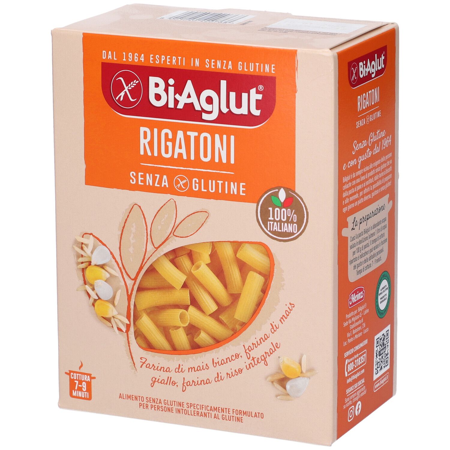 Biaglut Rigatoni: Pasta senza glutine in scatola di cartone, fronte con immagine del prodotto.