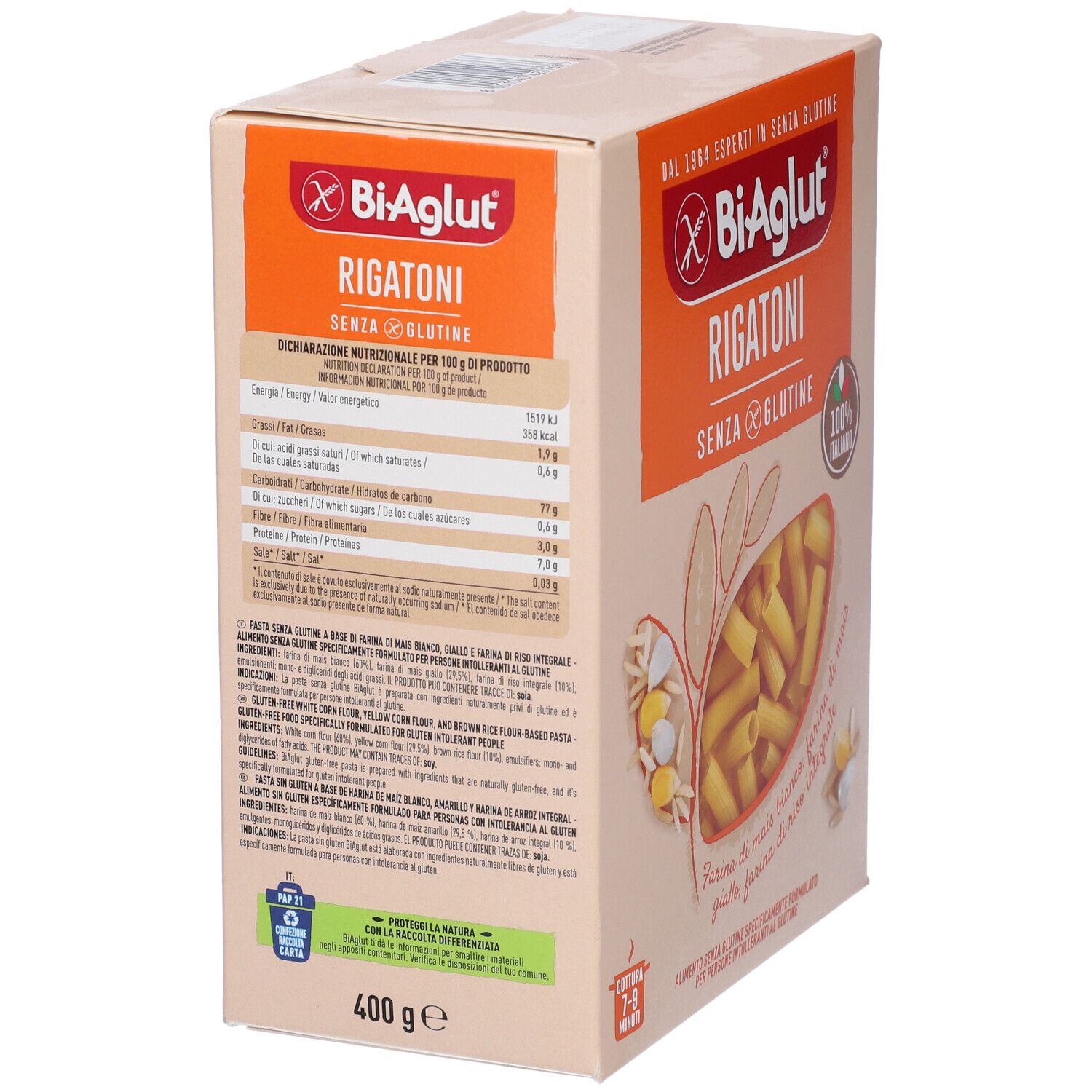 Biaglut Rigatoni: Pasta senza glutine, scatola in cartone con informazioni nutrizionali e immagine prodotto.