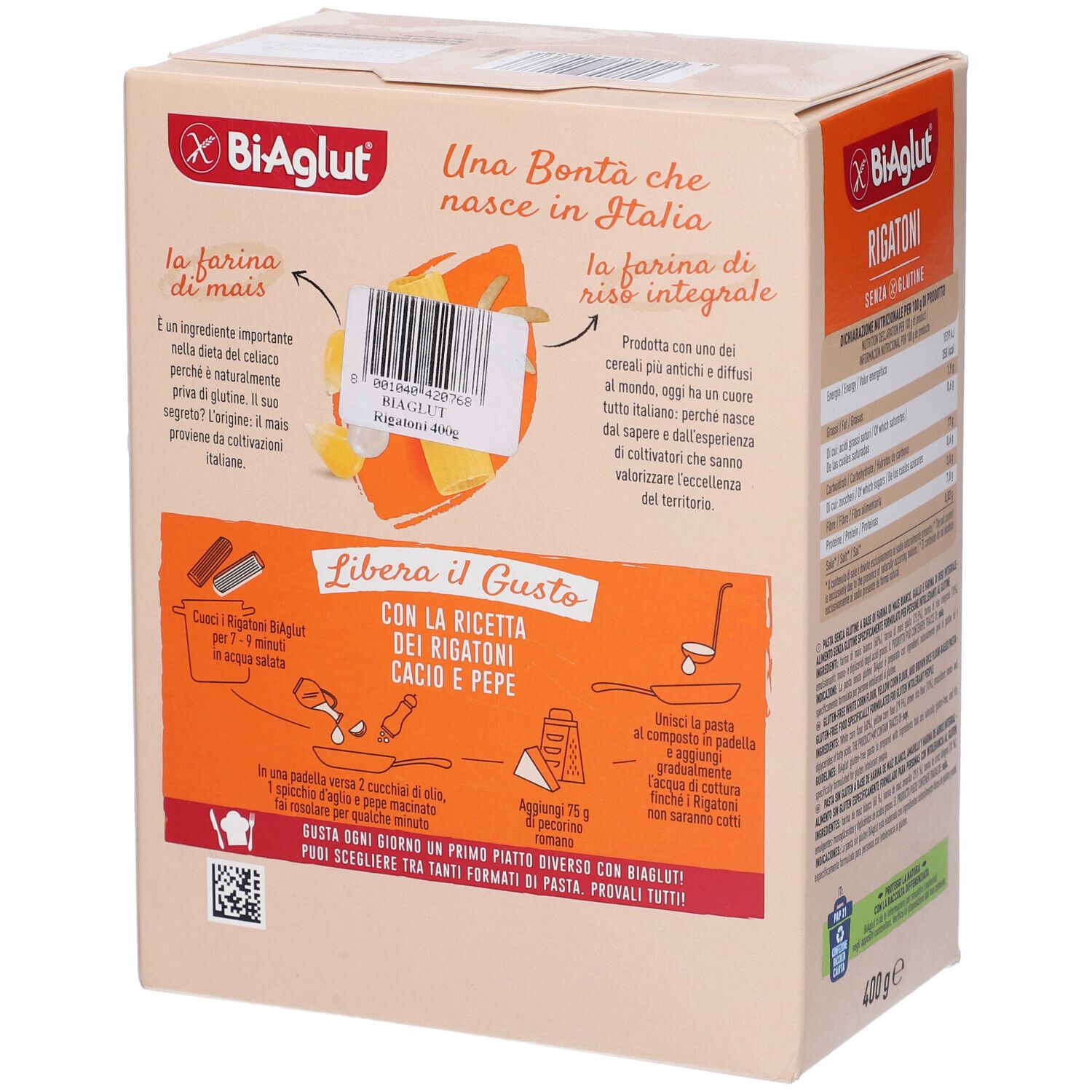 Biaglut Rigatoni: Pasta senza glutine, retro della scatola in cartone con istruzioni di preparazione.