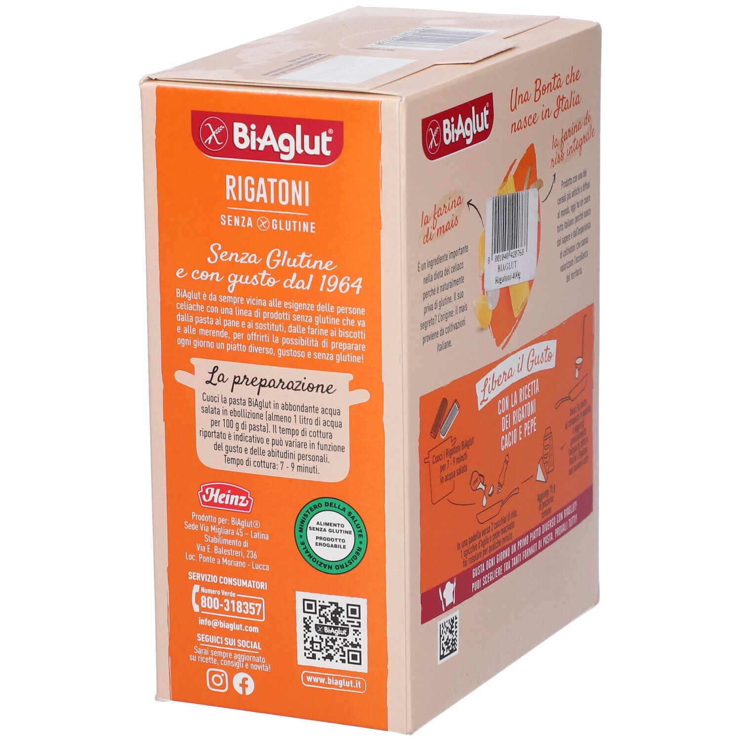 Biaglut Rigatoni: Pasta senza glutine, vista laterale della scatola in cartone con informazioni prodotto.