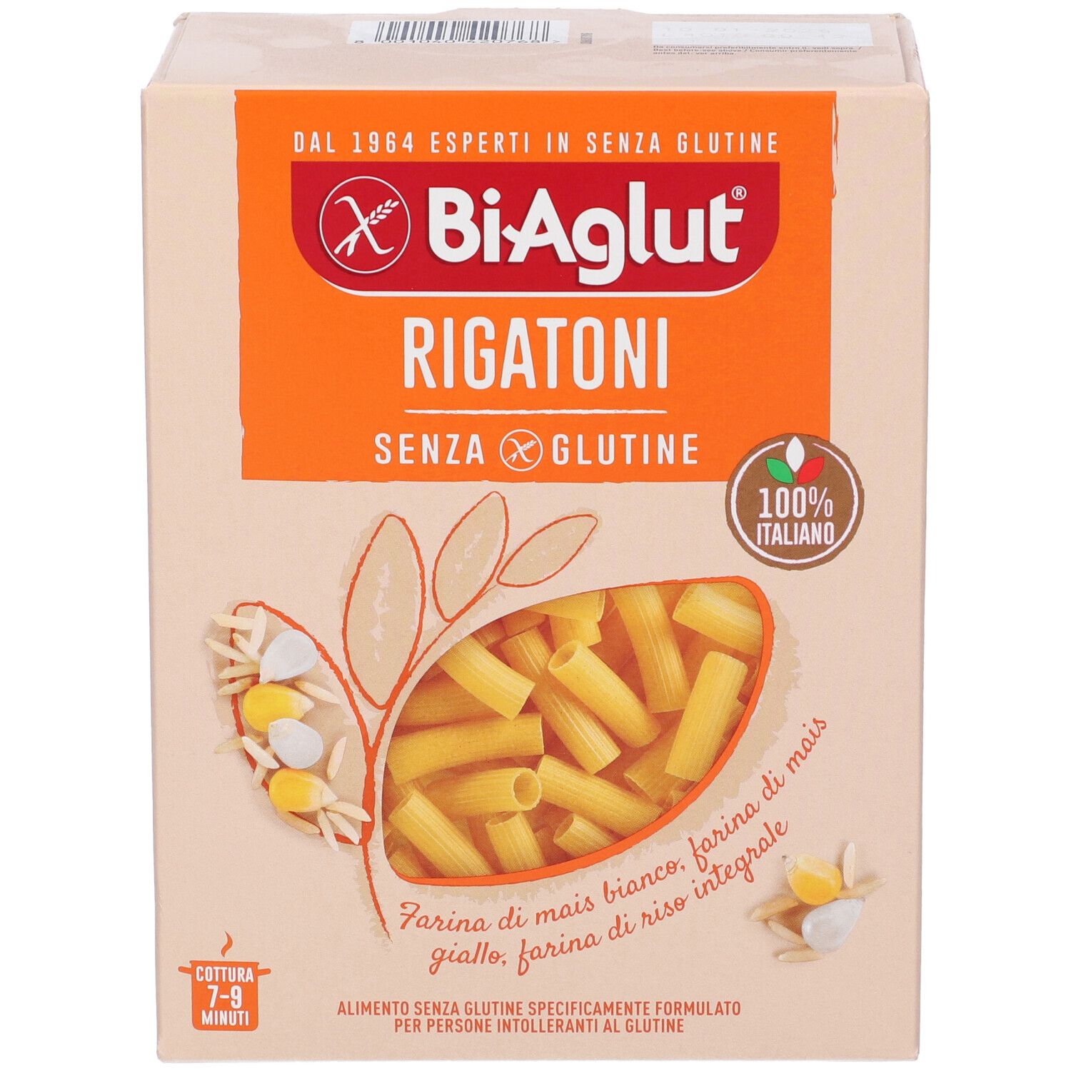 Biaglut Rigatoni: Pasta senza glutine, scatola in cartone con illustrazione di rigatoni e pannocchie di mais.