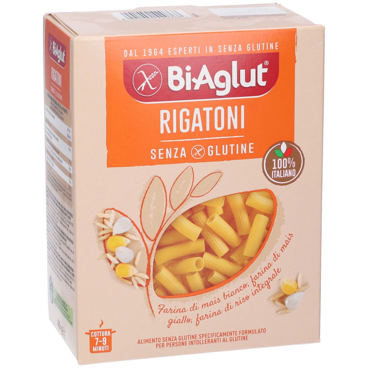 Biaglut Rigatoni: Pasta senza glutine, scatola in cartone con sigillo '100% Italiano' e immagine prodotto.