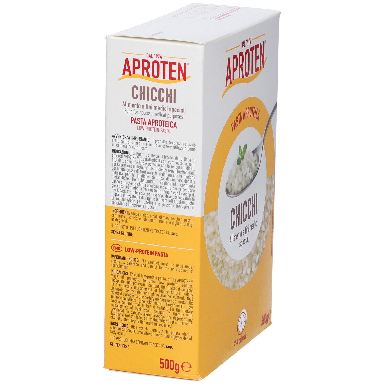 Aproten Pasta Chicchi Packung, 500g. Niedrigprotein-Nudeln für spezielle medizinische Zwecke.