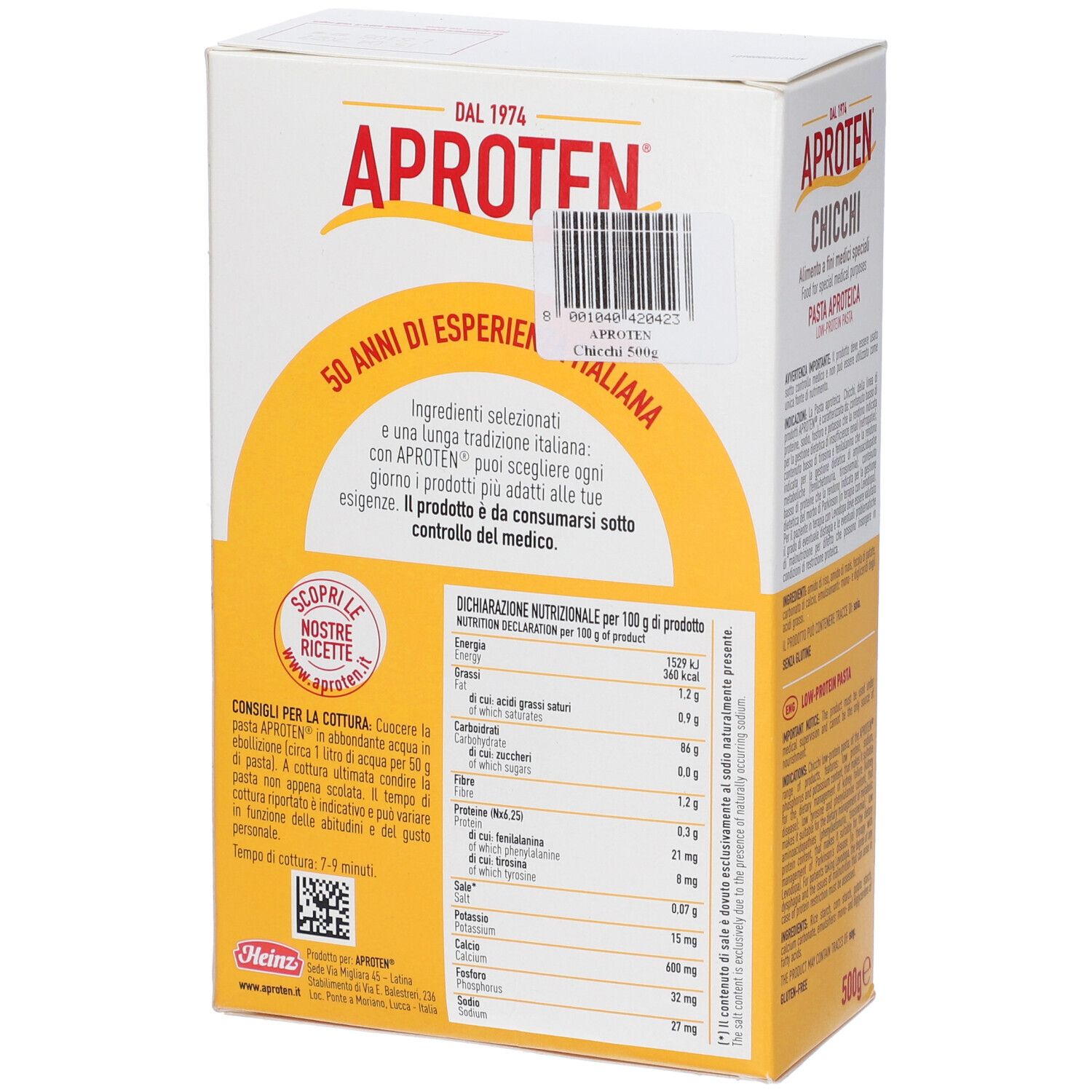 Aproten Pasta Chicchi Packung, 500g. Niedrigprotein-Nudeln für spezielle medizinische Zwecke.