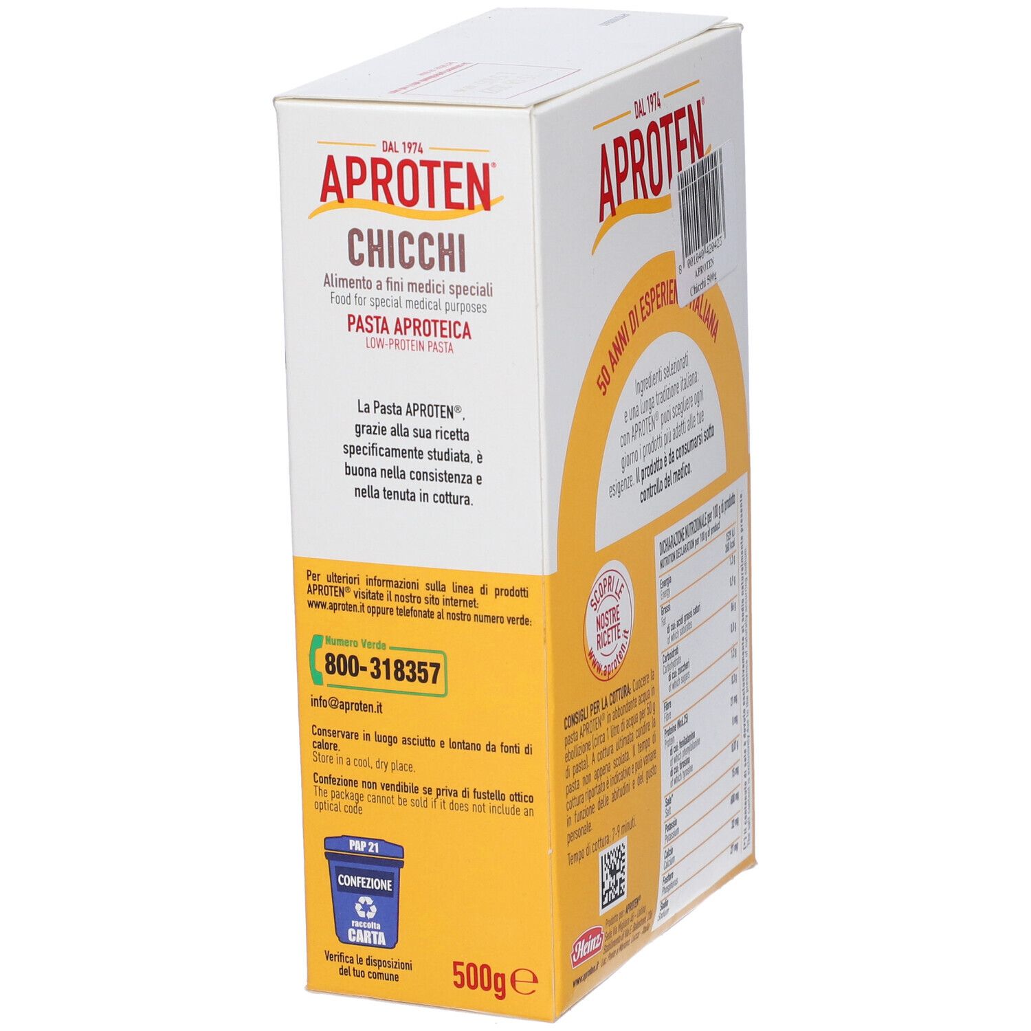 Aproten Pasta Chicchi Packung, 500g. Niedrigprotein-Nudeln für spezielle medizinische Zwecke.