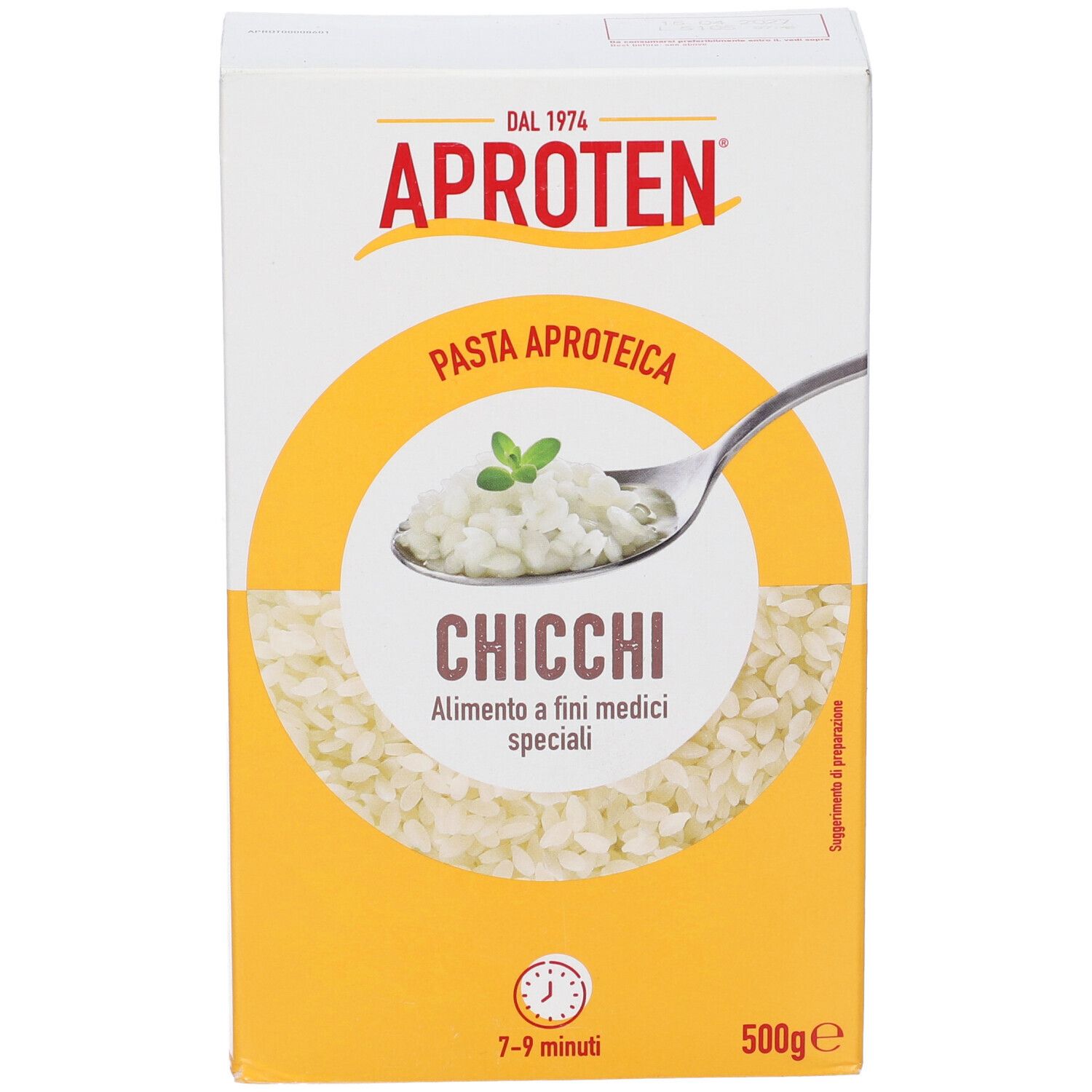 Aproten Pasta Chicchi Packung, 500g. Niedrigprotein-Nudeln für spezielle medizinische Zwecke.