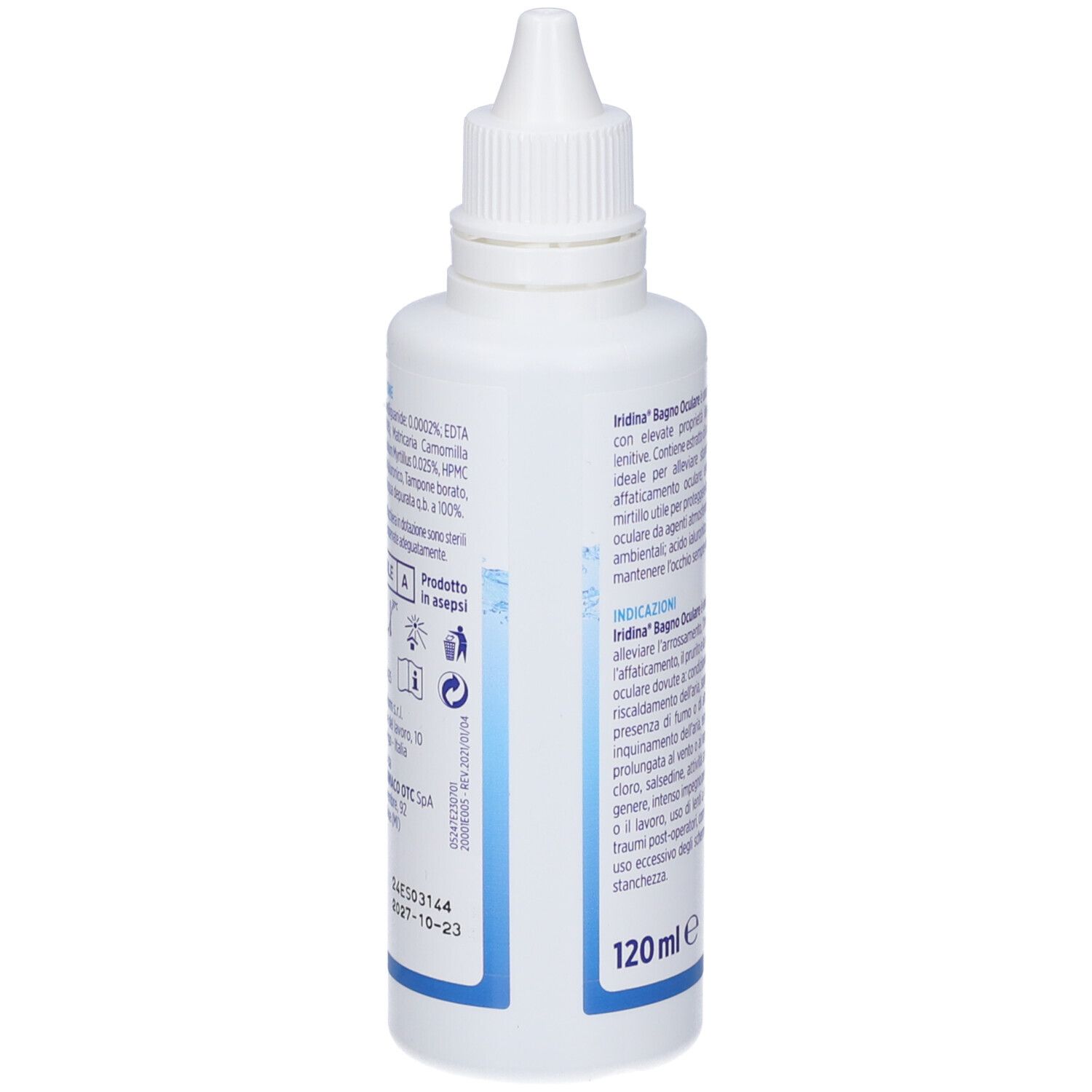 Weiße Flasche mit blauem Etikett. Rückseite mit Produktinformationen, Inhaltsstoffen und Chargennummer.