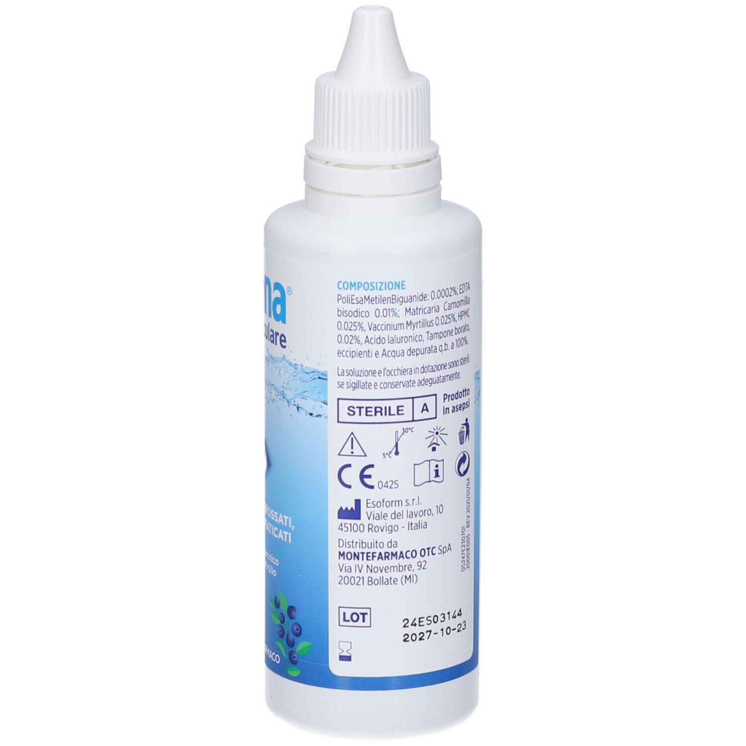 Weiße Flasche mit blauem Etikett. Aufschrift: Iridina bagno oculare. Inhaltsstoffe, Chargennummer und CE-Kennzeichnung.