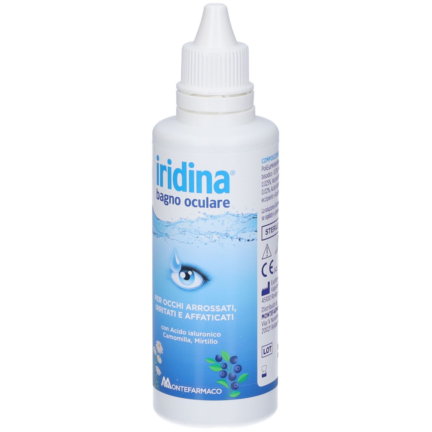 Weiße Flasche mit blauem Etikett. Aufschrift: Iridina bagno oculare. Für gerötete, gereizte Augen. Mit Kamille und Heidelbeere.