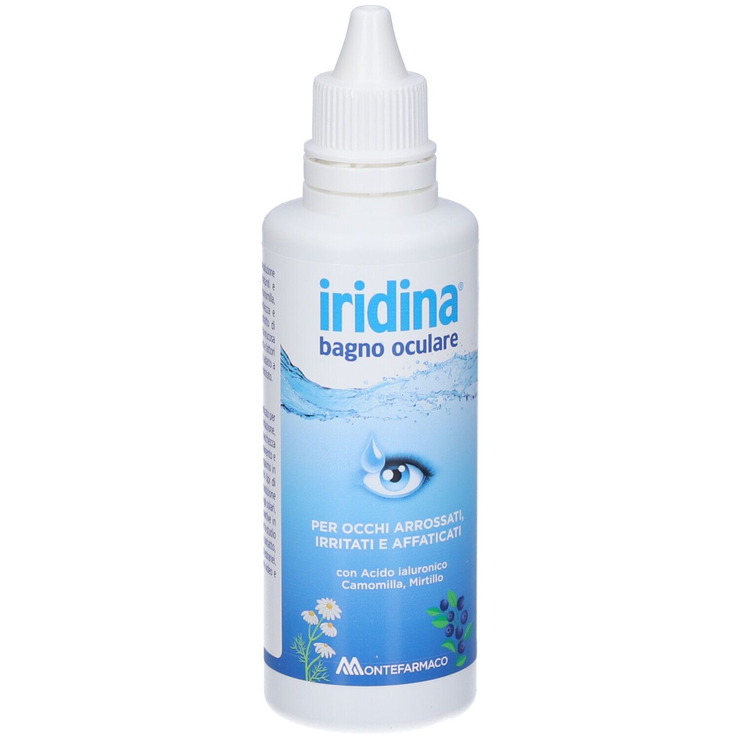 Weiße Flasche mit blauem Etikett. Aufschrift: Iridina bagno oculare. Für gerötete, gereizte Augen. Mit Kamille und Heidelbeere.