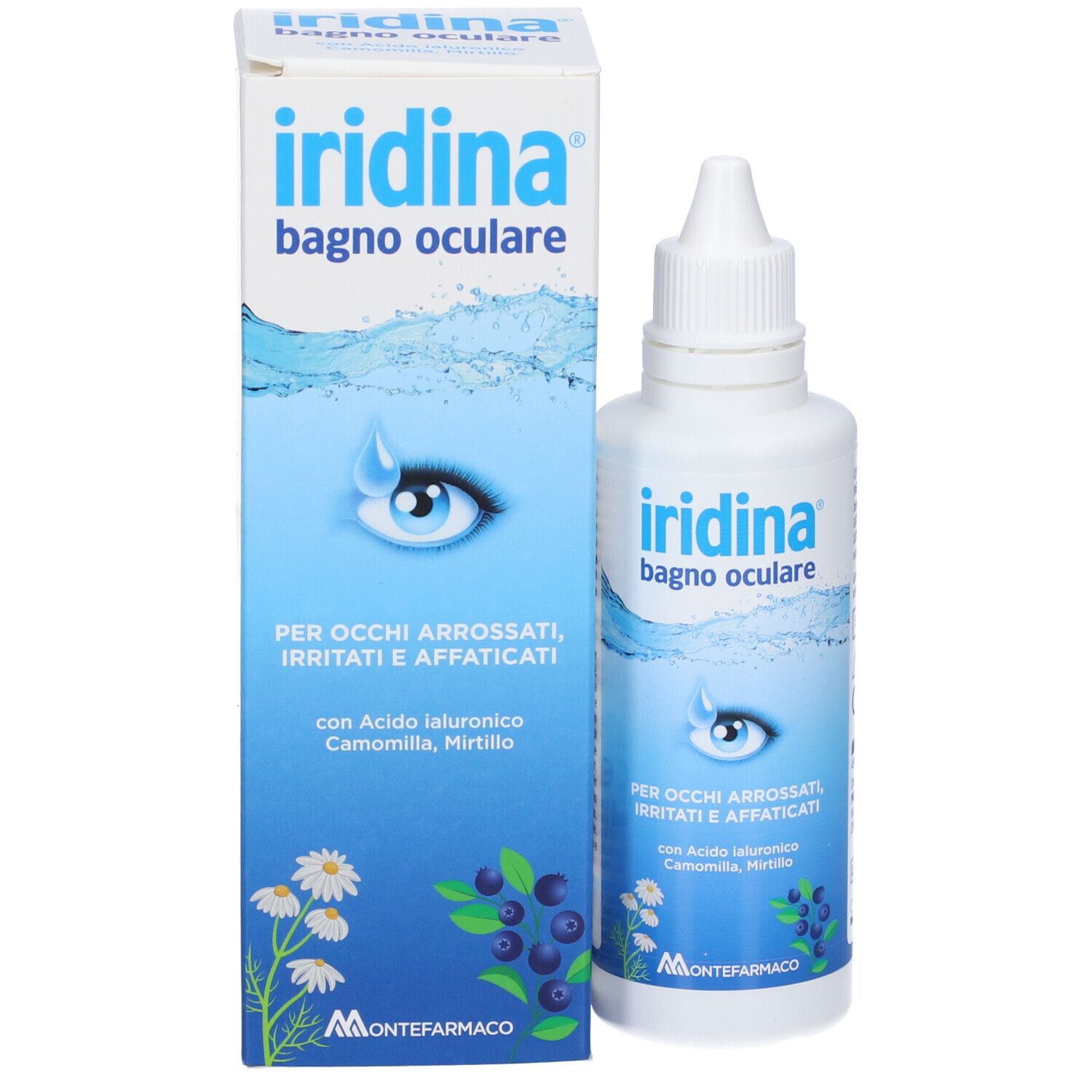 Produktverpackung mit Flasche. Aufschrift: Iridina bagno oculare. Für gerötete, gereizte Augen. Mit Kamille und Heidelbeere.