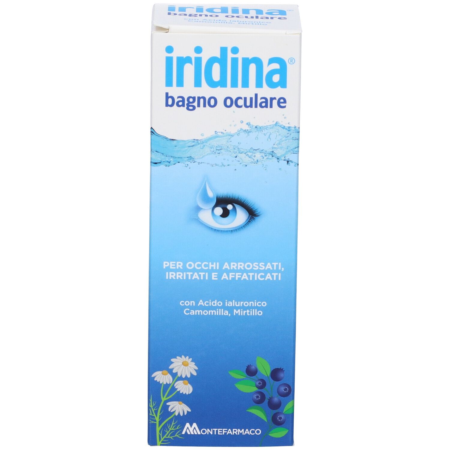 Produktverpackung. Aufschrift: Iridina bagno oculare. Für gerötete, gereizte Augen. Mit Kamille und Heidelbeere.