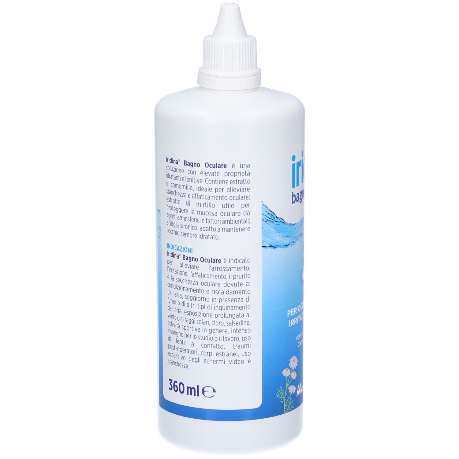 Weiße Flasche mit blauem Etikett. Aufschrift: Iridina bagno oculare. Text und Inhaltsstoffe. 360 ml.