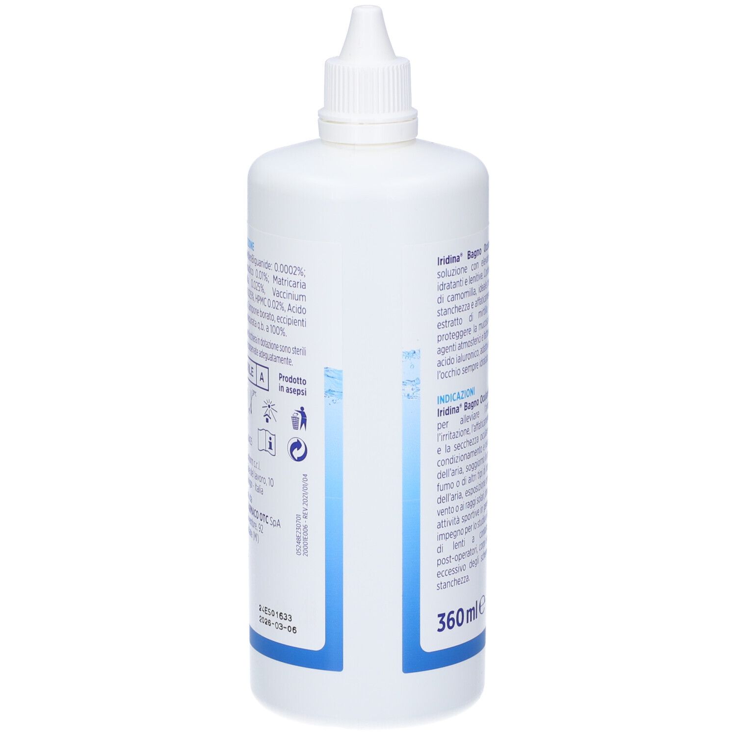 Weiße Flasche mit blauem Etikett. Aufschrift: Iridina bagno oculare. Text und Inhaltsstoffe. 360 ml.