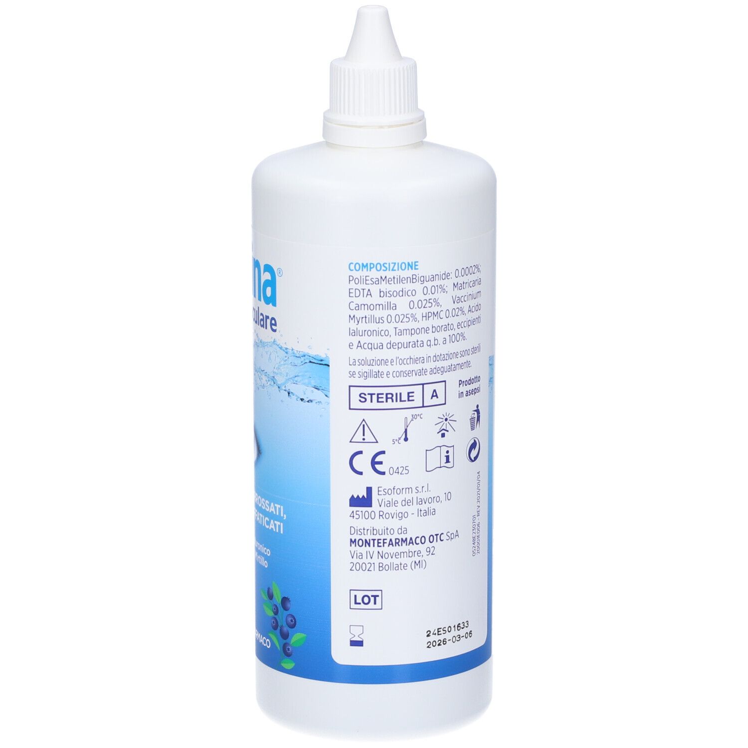 Weiße Flasche mit blauem Etikett. Aufschrift: Iridina bagno oculare. Inhaltsstoffe, CE-Kennzeichnung, steril.