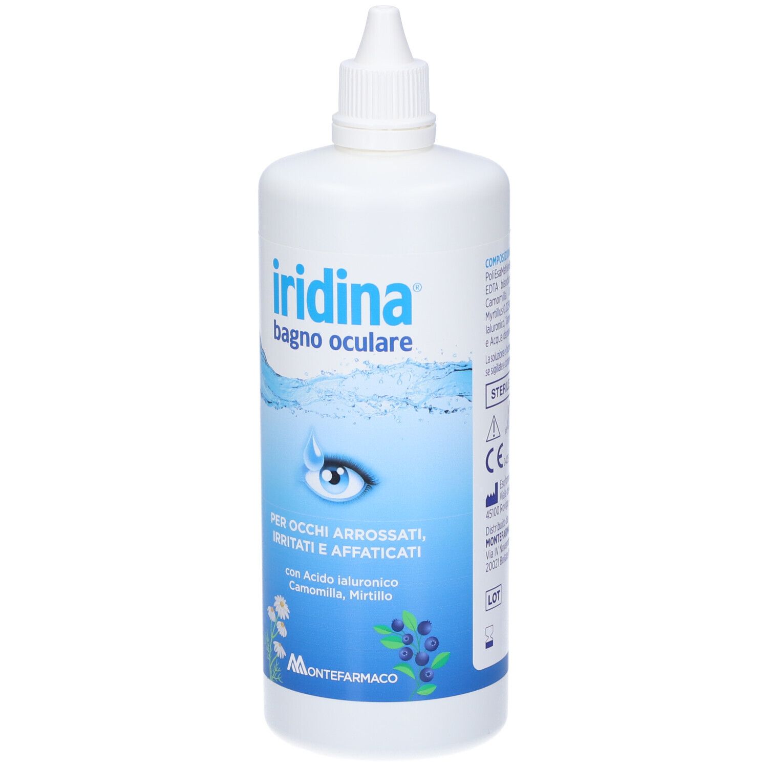 Weiße Flasche mit blauem Etikett. Aufschrift: Iridina bagno oculare. Für gerötete, gereizte Augen. Montefarmaco.