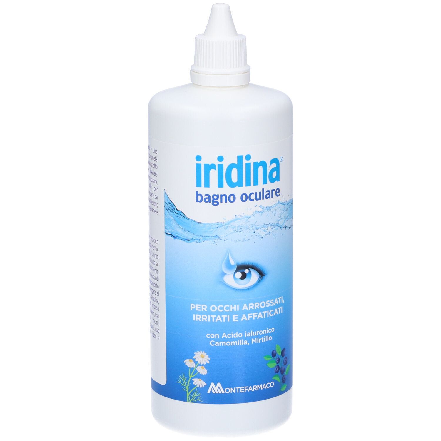 Weiße Flasche mit blauem Etikett. Aufschrift: Iridina bagno oculare. Für gerötete, gereizte Augen. Montefarmaco.