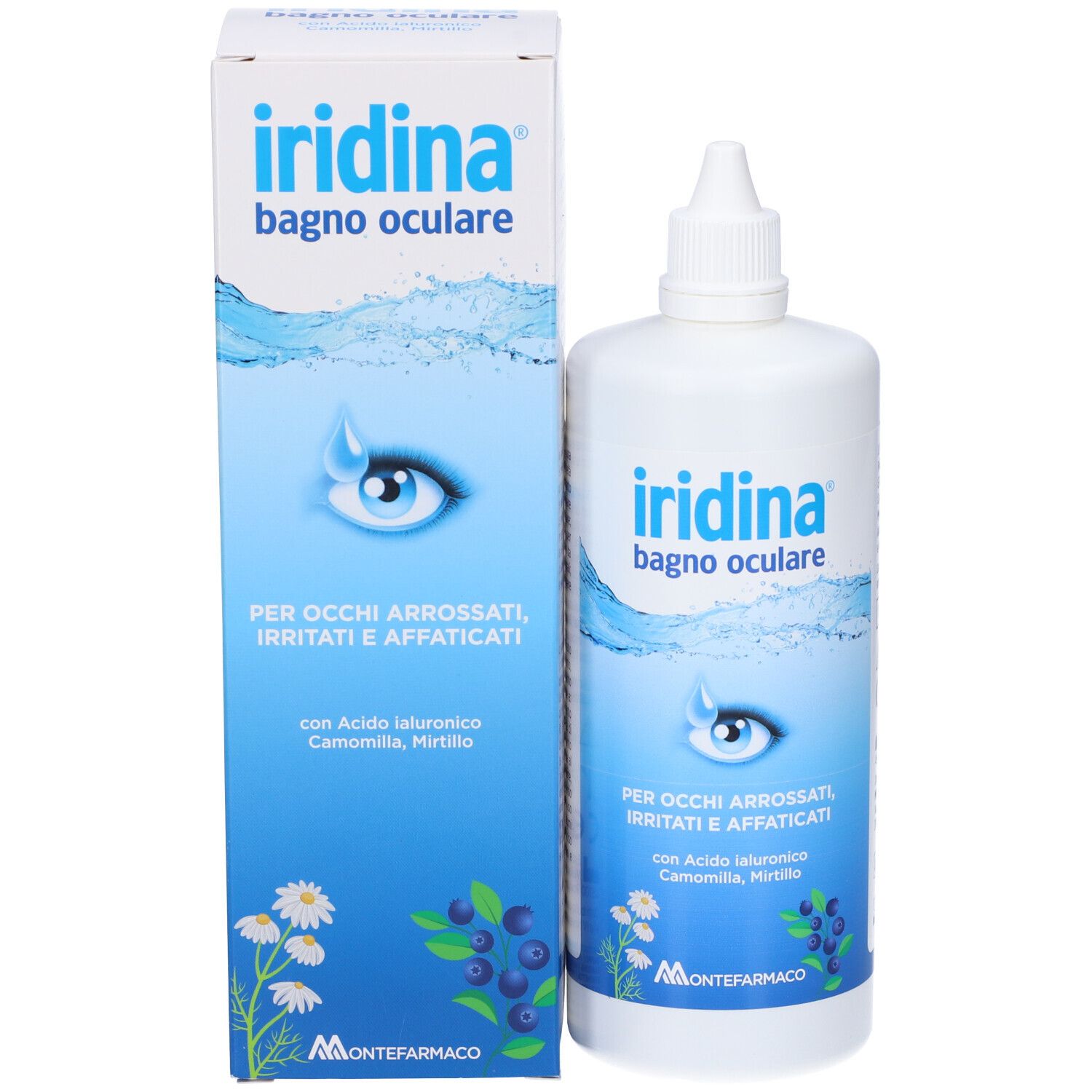 Produktverpackung und Flasche. Aufschrift: Iridina bagno oculare. Für gerötete, gereizte Augen. Montefarmaco.