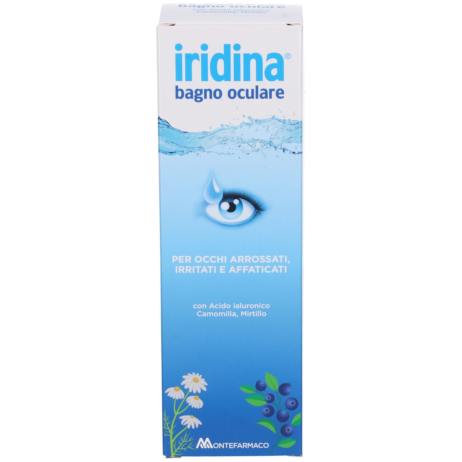 Produktverpackung. Aufschrift: Iridina bagno oculare. Für gerötete, gereizte Augen. Montefarmaco.