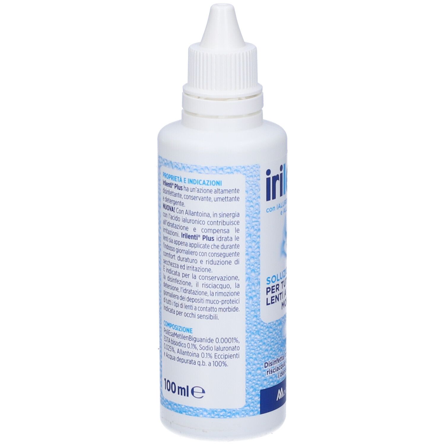 Weiße Flasche mit blauem Etikett, 100 ml Lösung für Kontaktlinsen.