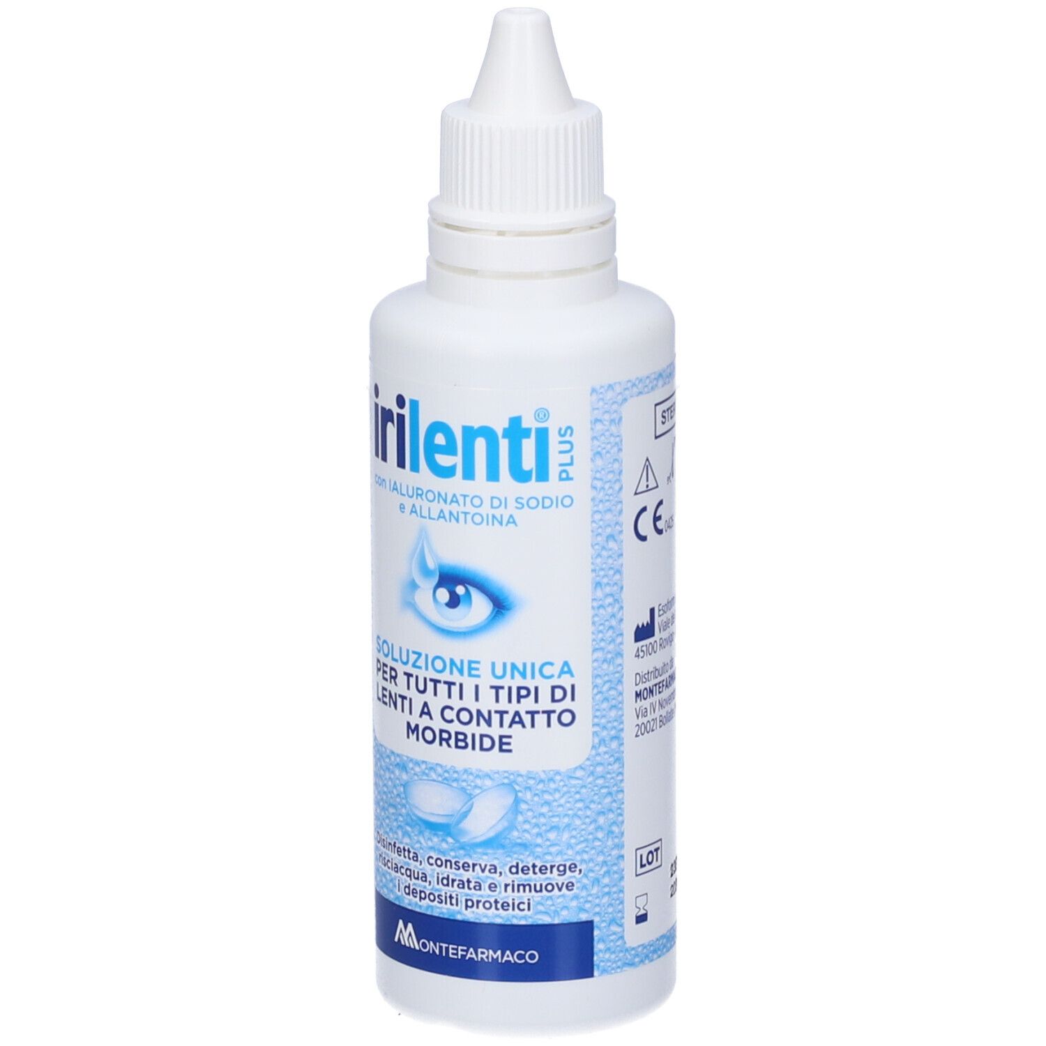 Weiße Flasche mit Kontaktlinsenlösung, enthält Hyaluronsäure und Allantoin.