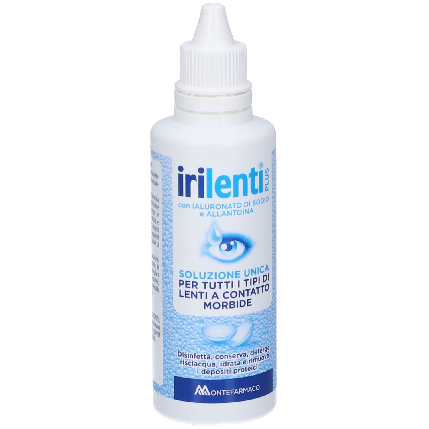 Weiße Flasche mit blauem Etikett für Kontaktlinsenlösung, Marke Irilenti Plus.