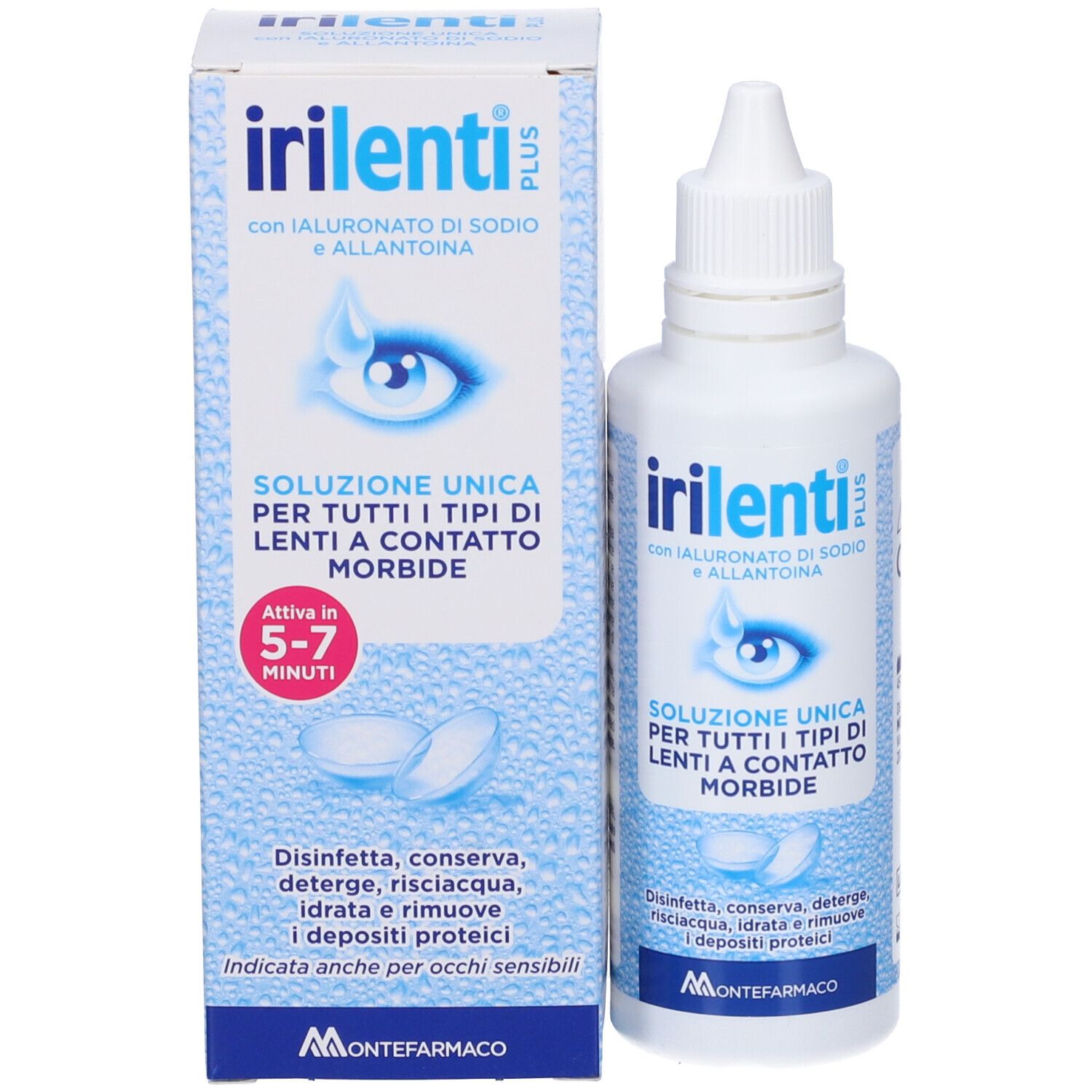 Irilenti Plus Kontaktlinsen-Lösung mit Hyaluronsäure und Allantoin. Flasche und Karton mit Augenmotiv.