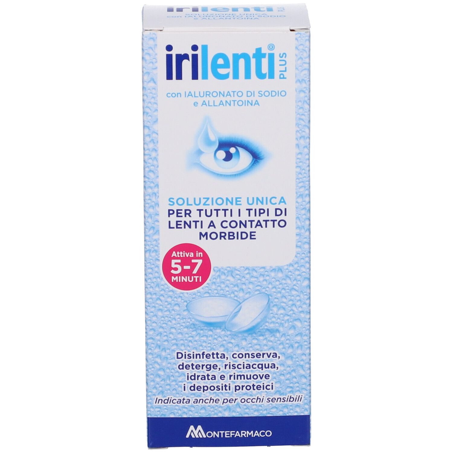 Verpackung für Kontaktlinsenlösung mit Hyaluronsäure und Allantoin.