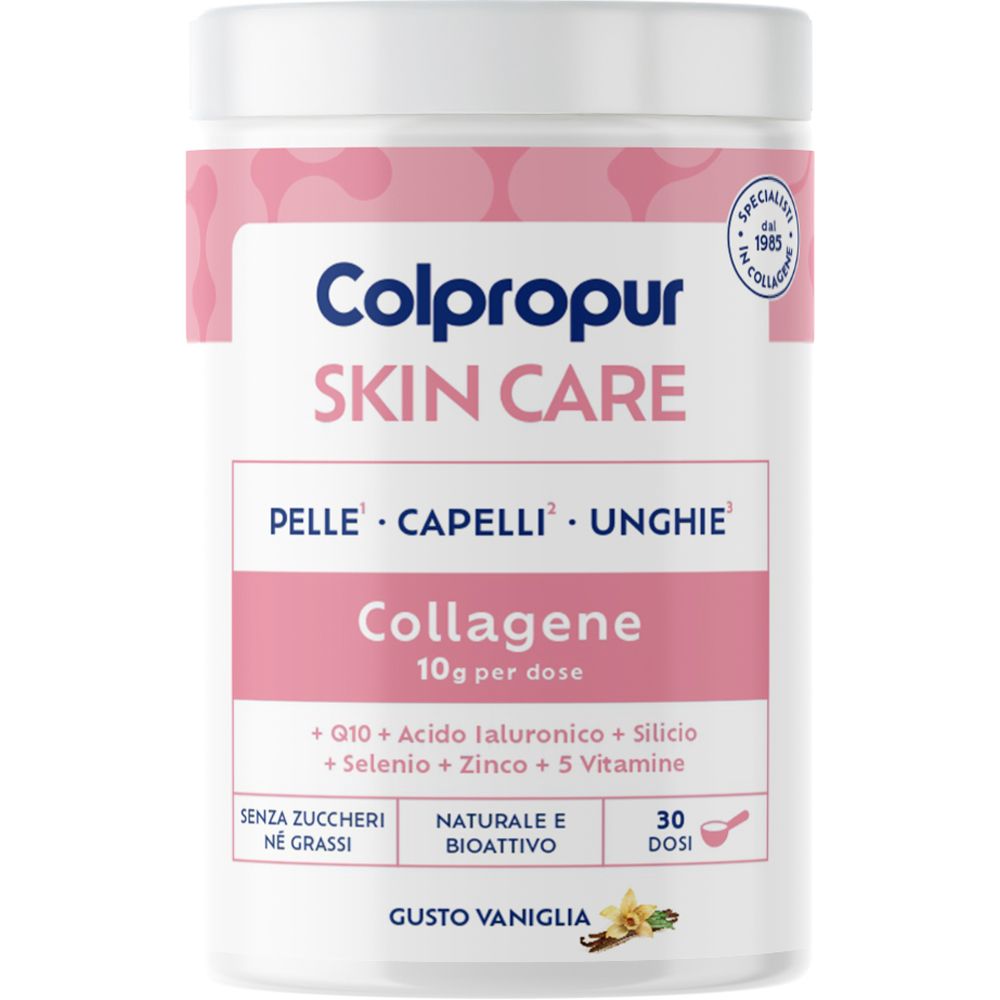 Prodotto bianco con dettagli rosa. Scritta: Colpropur Skin Care Collagene. Contiene 10g di collagene per dose. Gusto: Vaniglia.