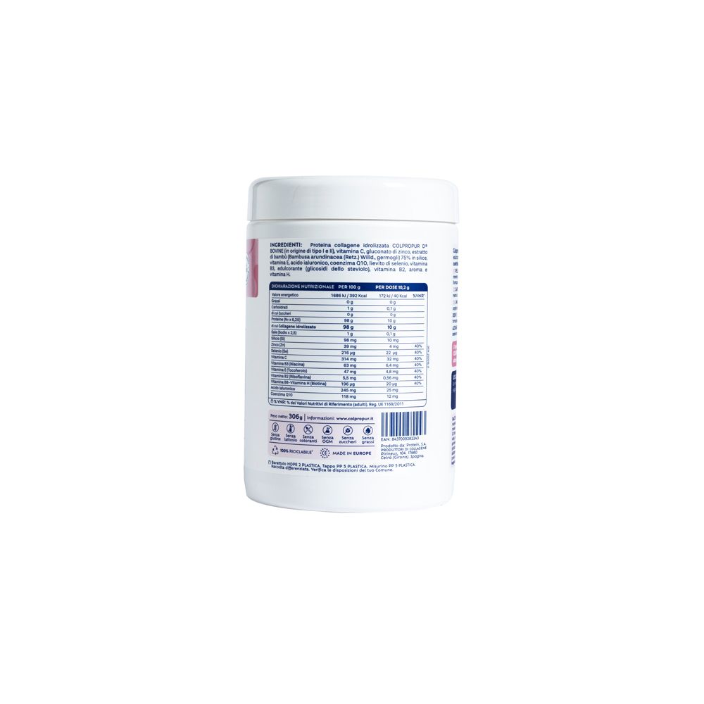 Retro del prodotto bianco. Contiene informazioni sugli ingredienti e i valori nutrizionali. Testo in italiano.