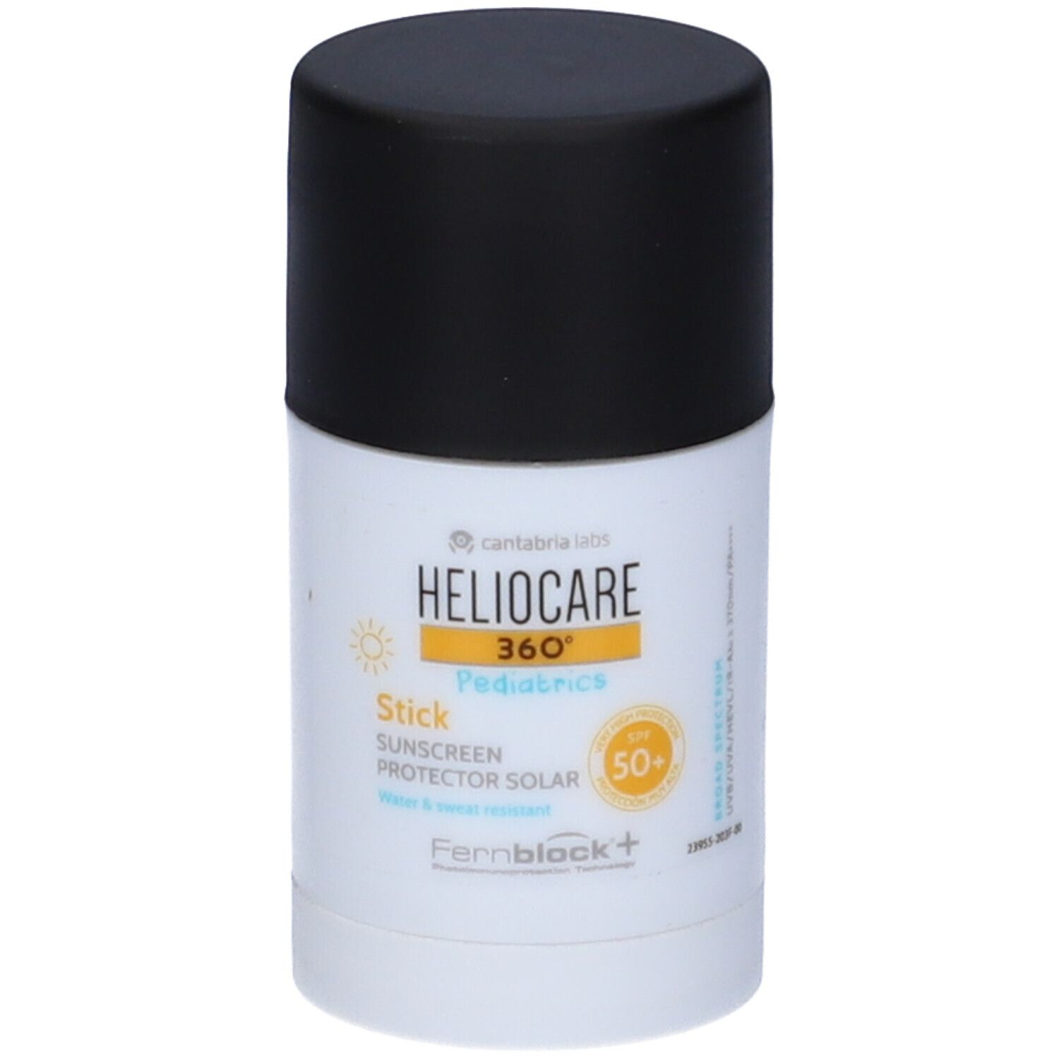 Stick solare cilindrico con tappo nero. Scritta: HELIOCARE 360° Pediatrics, SPF 50+.
