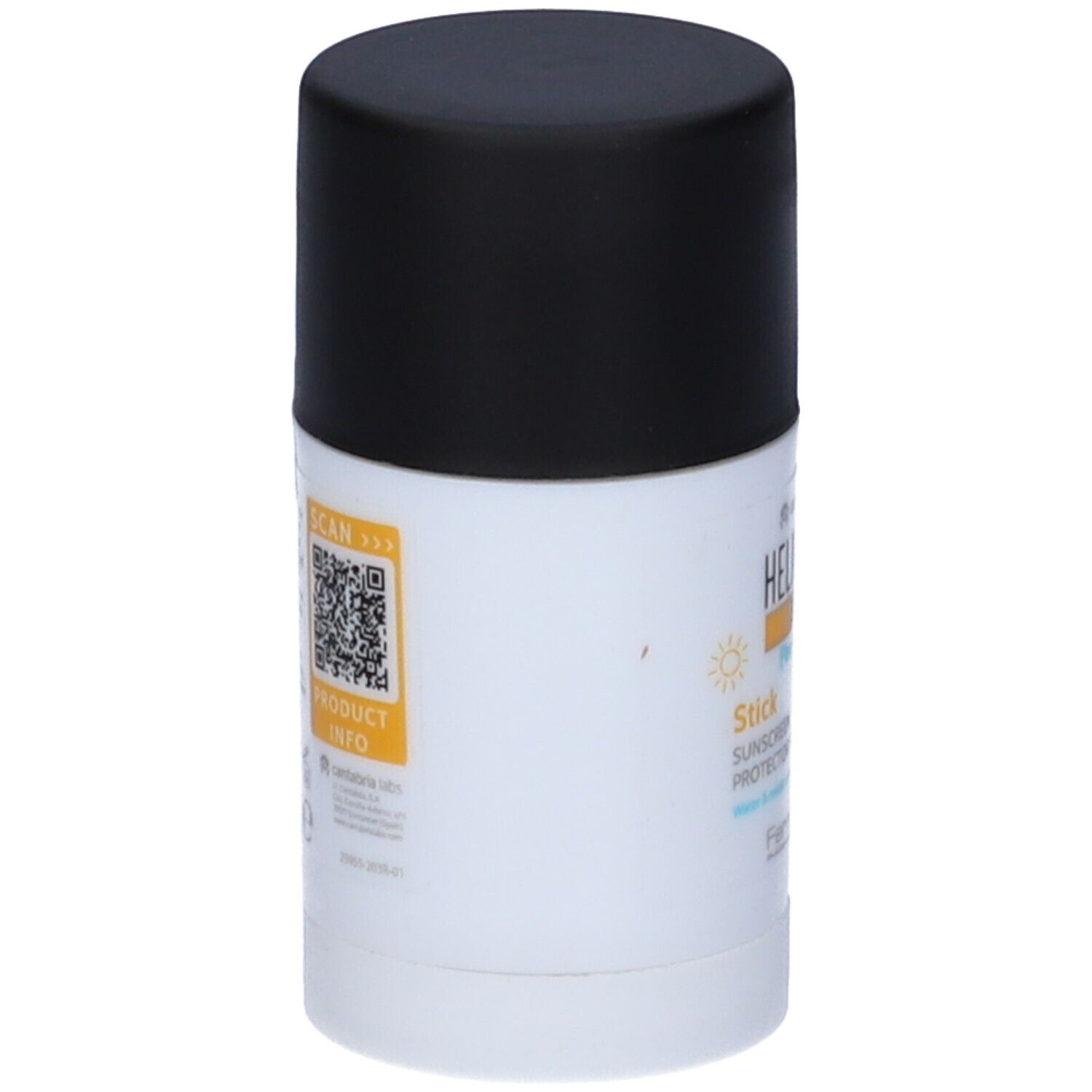 Stick solare cilindrico, retro con codice QR e informazioni sul prodotto. Tappo nero.