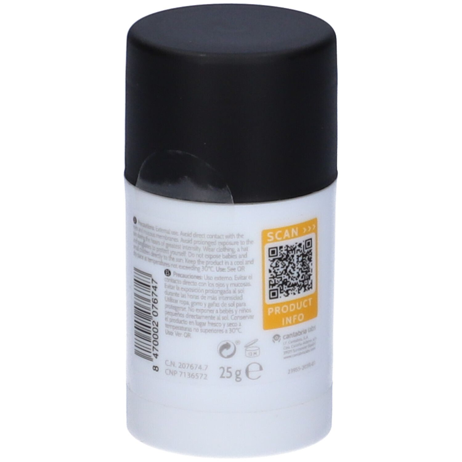 Stick solare con tappo nero. Retro con testo, codice QR e indicazione 25g.