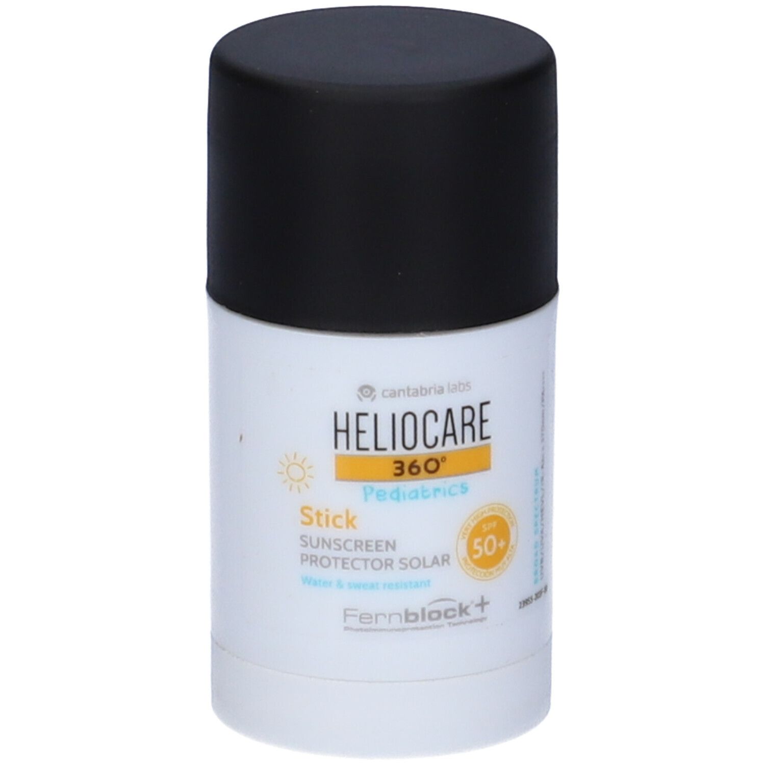 Stick solare cilindrico con tappo nero. Scritta: HELIOCARE 360° Pediatrics, SPF 50+.