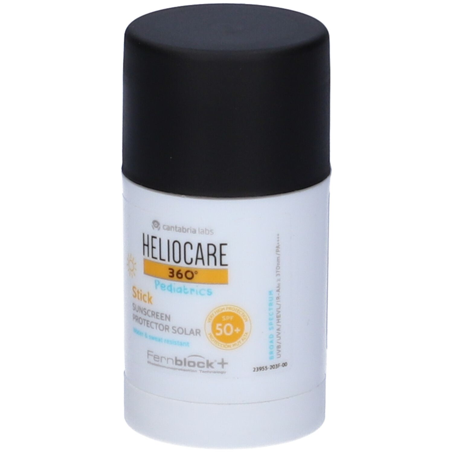 Stick solare cilindrico con tappo nero. Scritta: HELIOCARE 360° Pediatrics, SPF 50+.