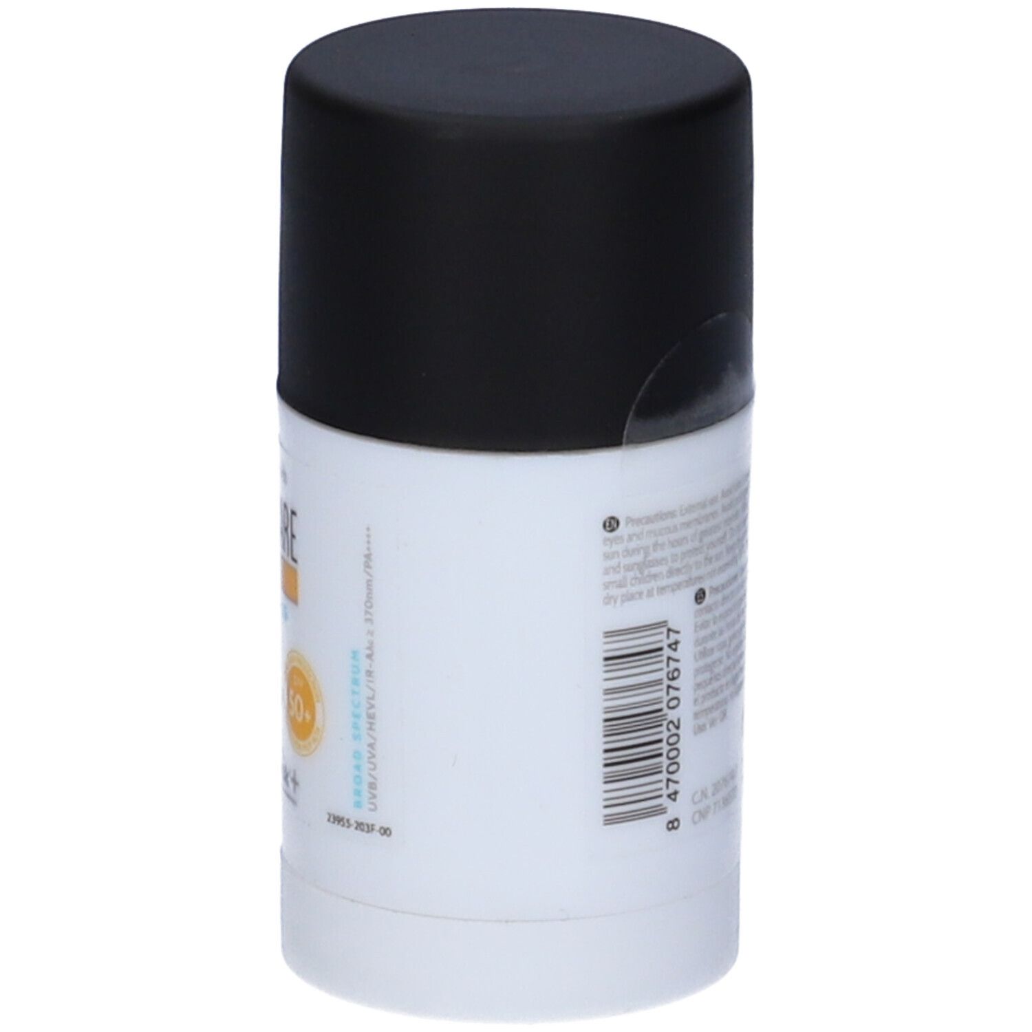 Stick solare con tappo nero. Retro con testo e codice a barre.