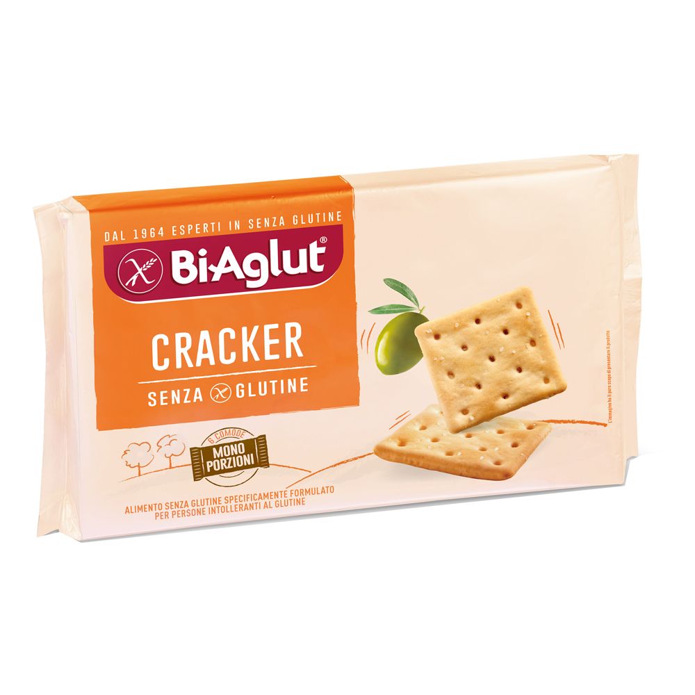 Biaglut Cracker Senza Glutine: Due cracker quadrati su una confezione.