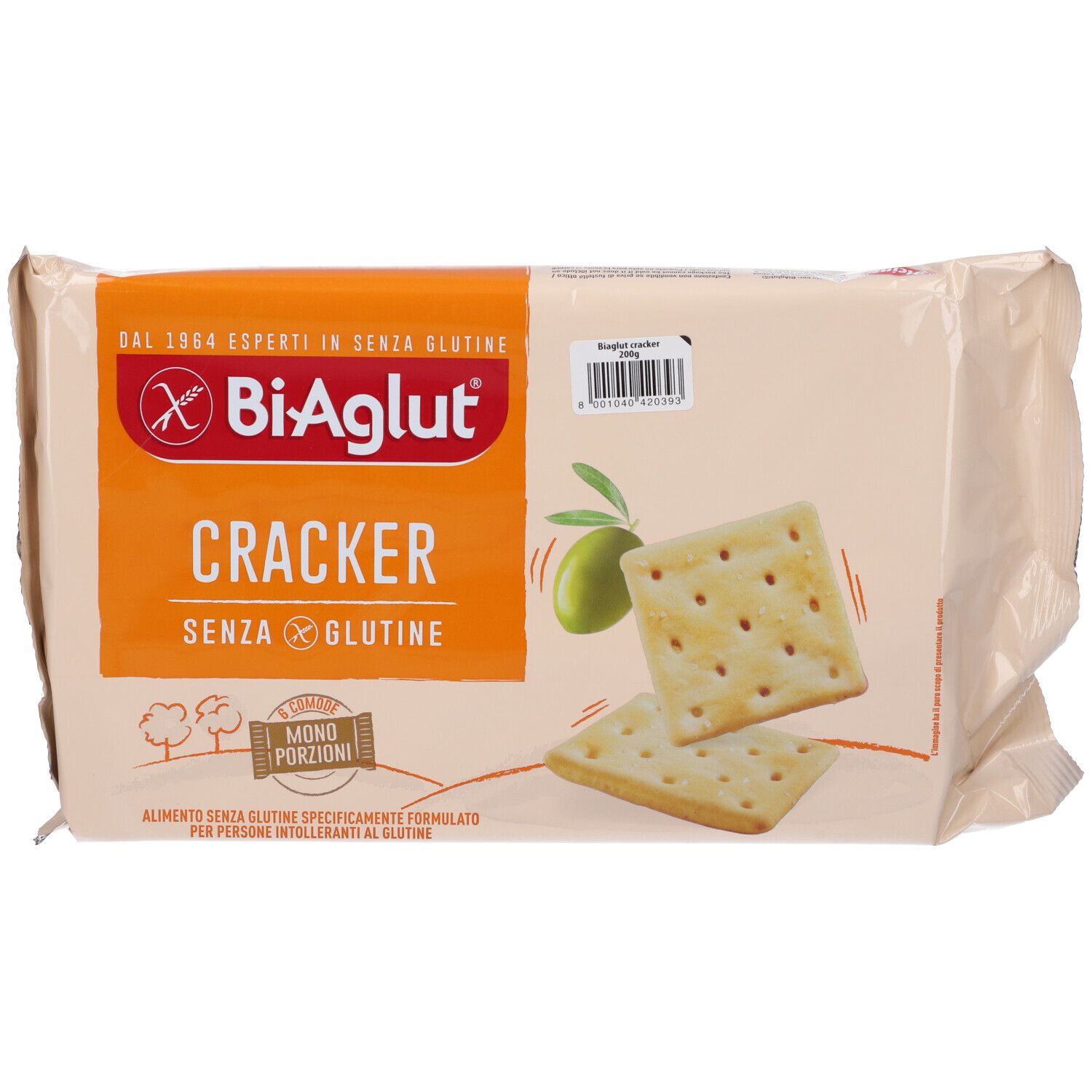 Biaglut Cracker Senza Glutine: Due cracker quadrati su una confezione con codice a barre.