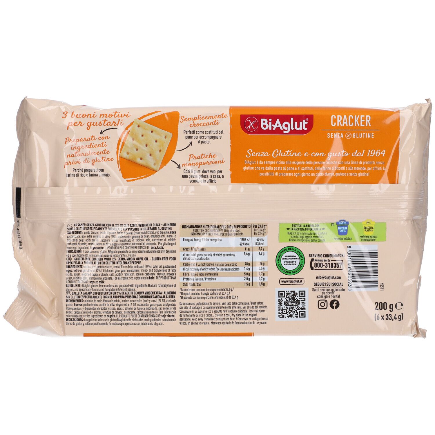 Biaglut Cracker Senza Glutine: Retro della confezione con informazioni nutrizionali e certificazioni.