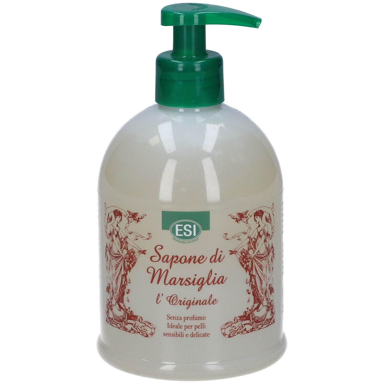 Sapone liquido biancastro con dispenser verde. Scritta: ESI Sapone di Marsiglia l'Originale. Ideale per pelli sensibili.