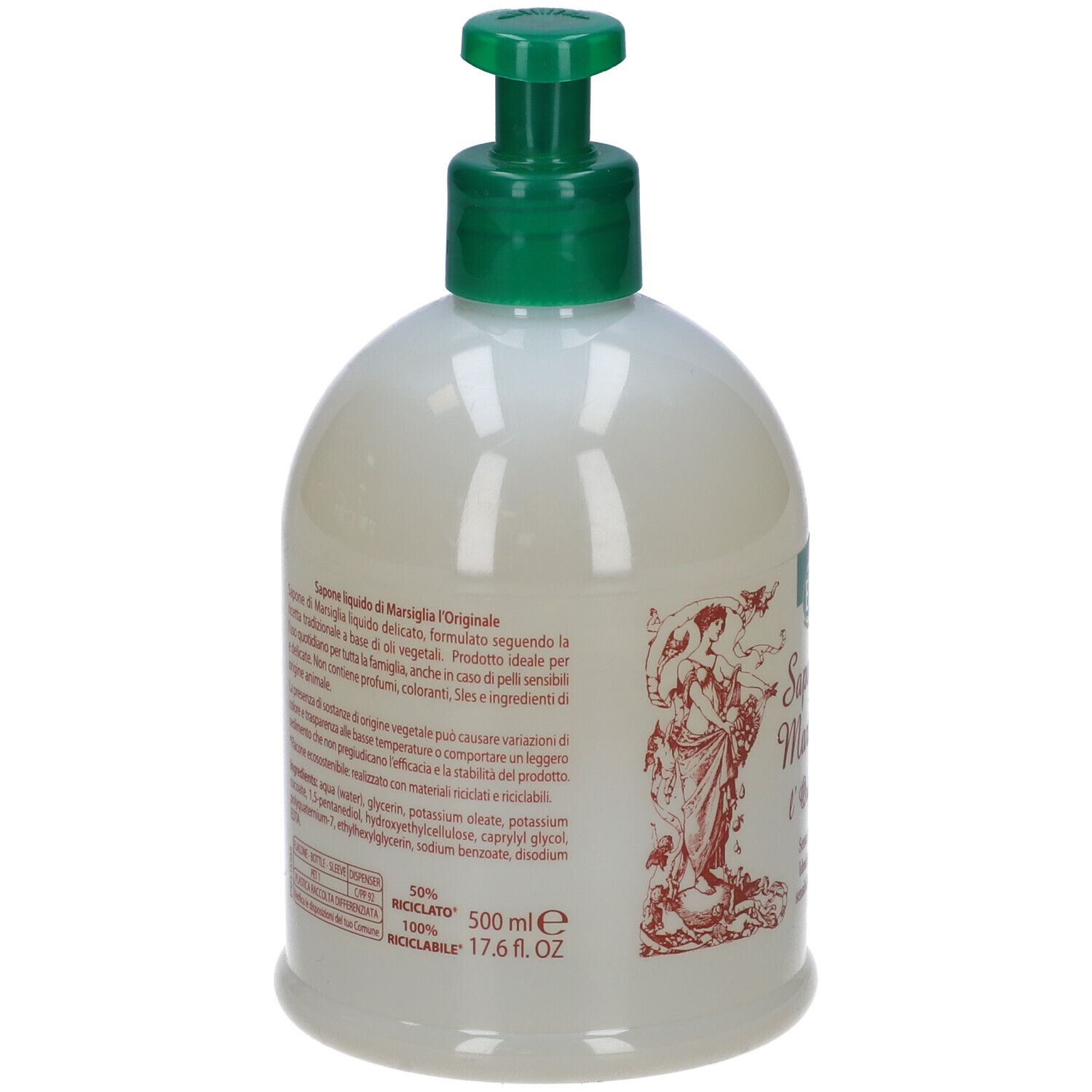 Retro del sapone liquido. Contiene informazioni sugli ingredienti e il riciclo. 500 ml, 17.6 fl.oz. 100% riciclabile.