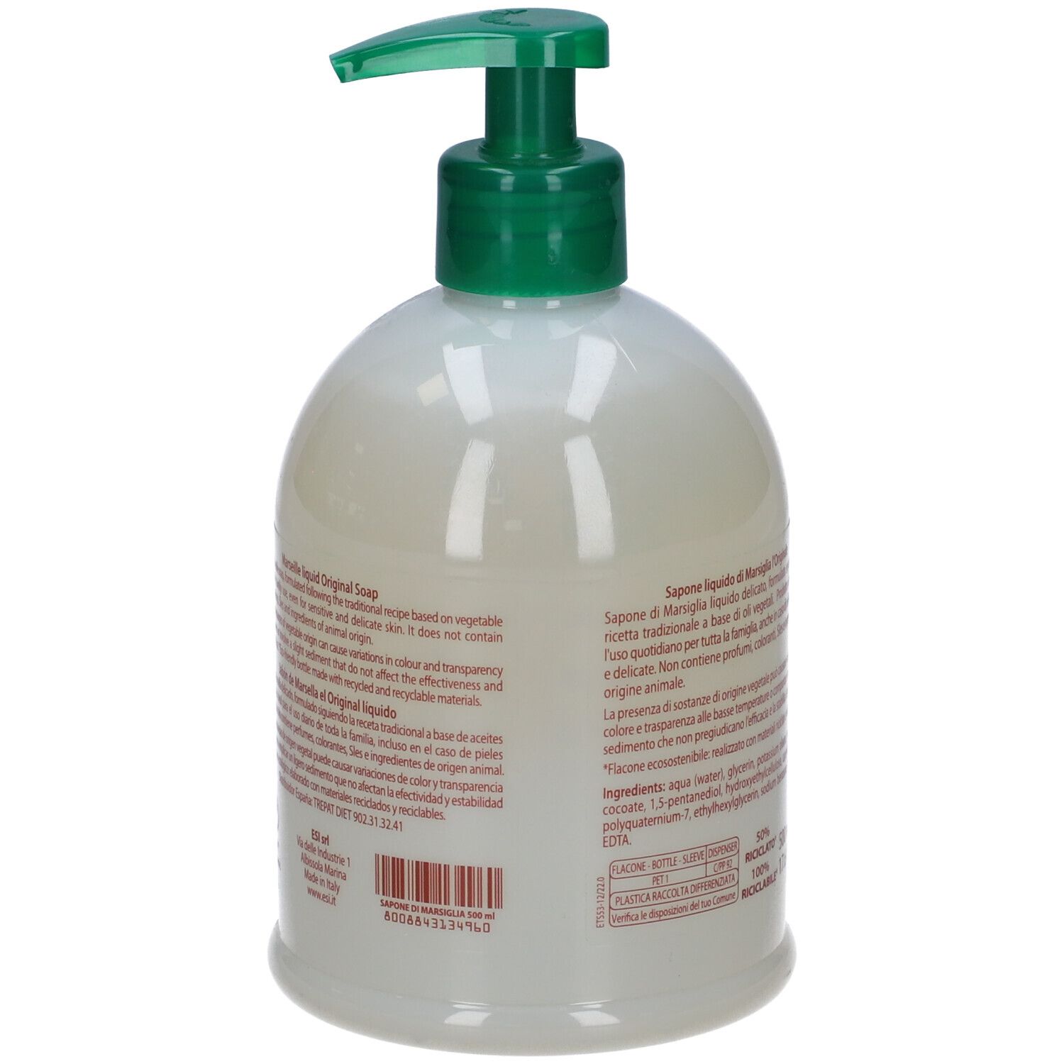 Vista posteriore del sapone liquido. Contiene informazioni sugli ingredienti e l'origine. 500 ml, 17.6 fl.oz. Codice a barre visibile.