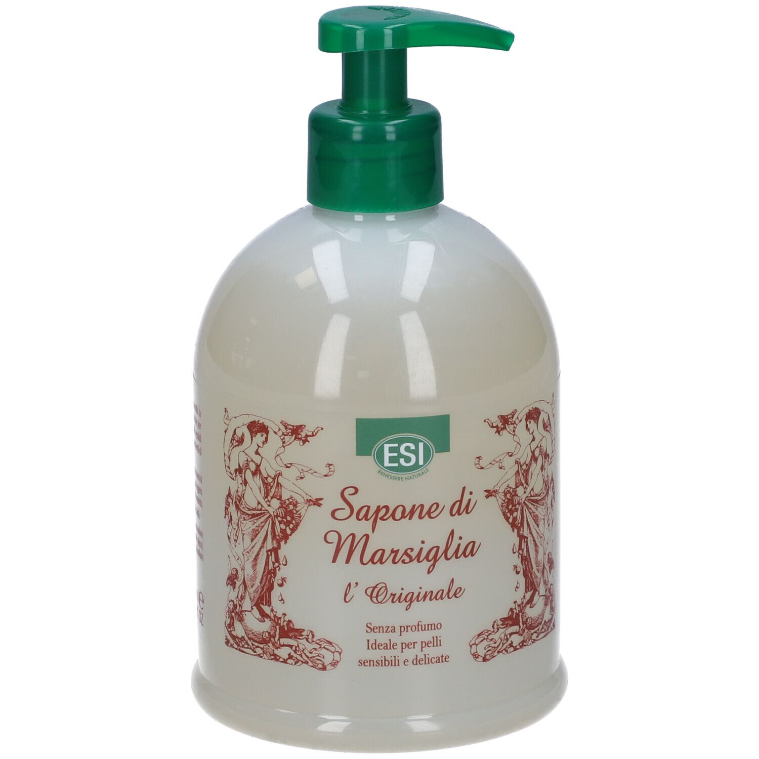 Sapone liquido biancastro con dispenser verde. Scritta: ESI Sapone di Marsiglia l'Originale. Ideale per pelli sensibili.