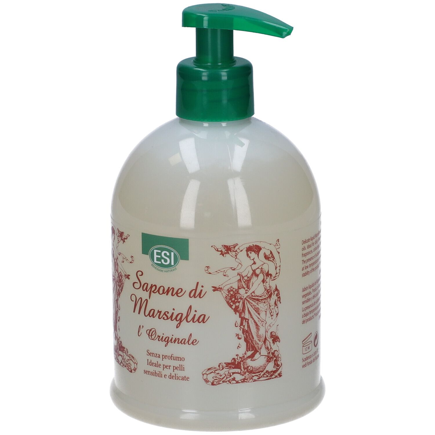Sapone liquido biancastro con dispenser verde. Scritta: ESI Sapone di Marsiglia l'Originale. Ideale per pelli sensibili.