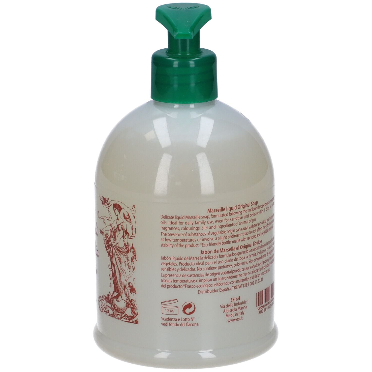 Vista posteriore del sapone liquido. Contiene informazioni sugli ingredienti e l'origine. 500 ml, 17.6 fl.oz. Codice a barre visibile.