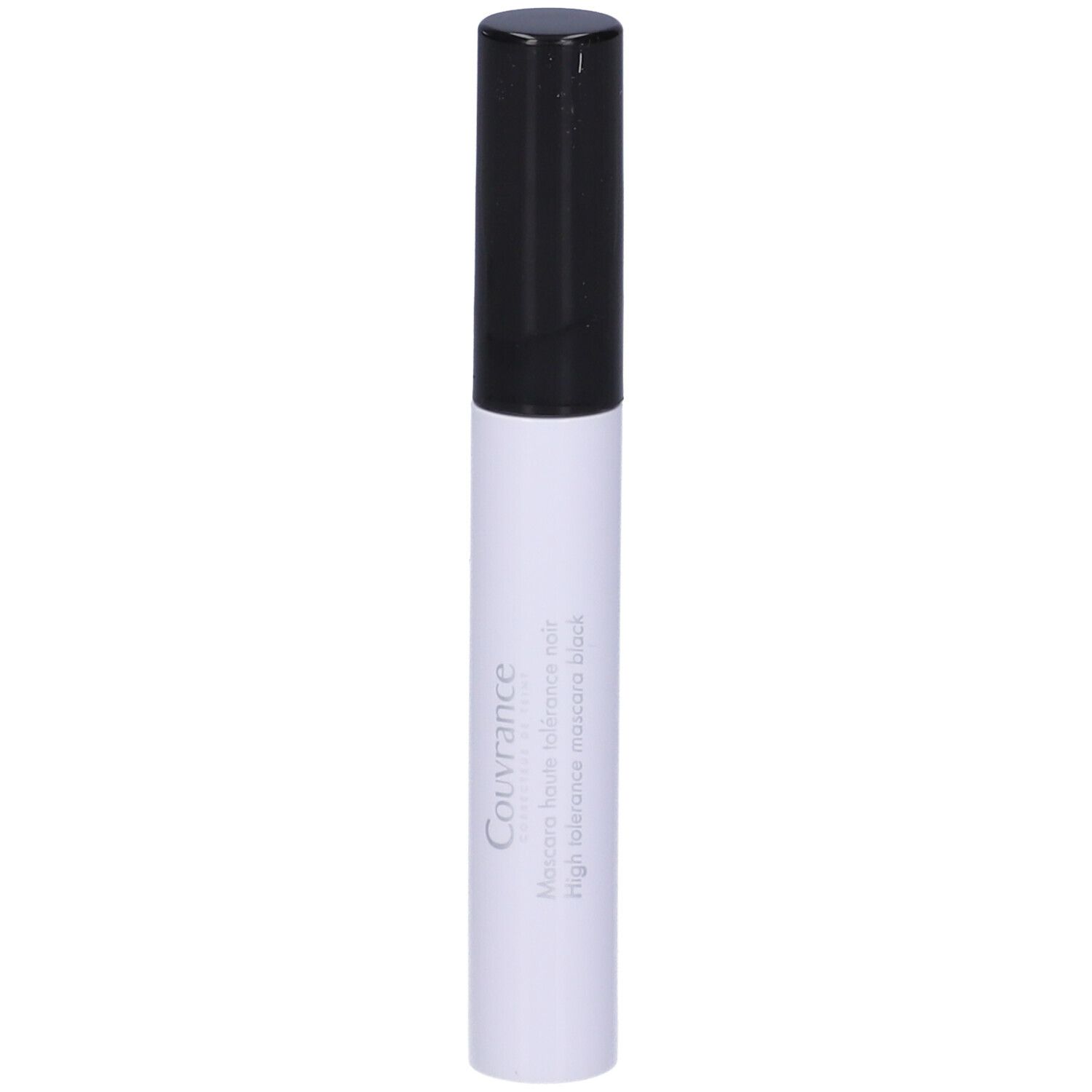 Tubo di mascara bianco con tappo nero. Scritta: Couvrance, High tolerance mascara black.